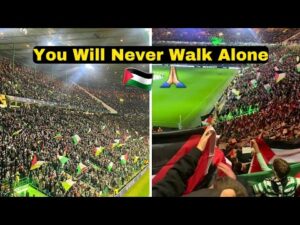 Celtic fans sing YNWA with Palestine flags