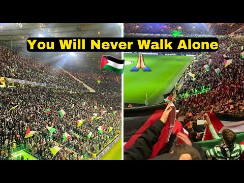  Celtic fans sing YNWA with Palestine flags