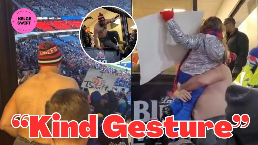 video jason kelce lifts young bu Video : Jason Kelce lifts young Buffalo Bills fan to show Taylor Swift homemade sign