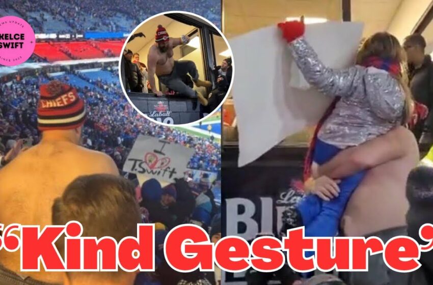  Video : Jason Kelce lifts young Buffalo Bills fan to show Taylor Swift homemade sign