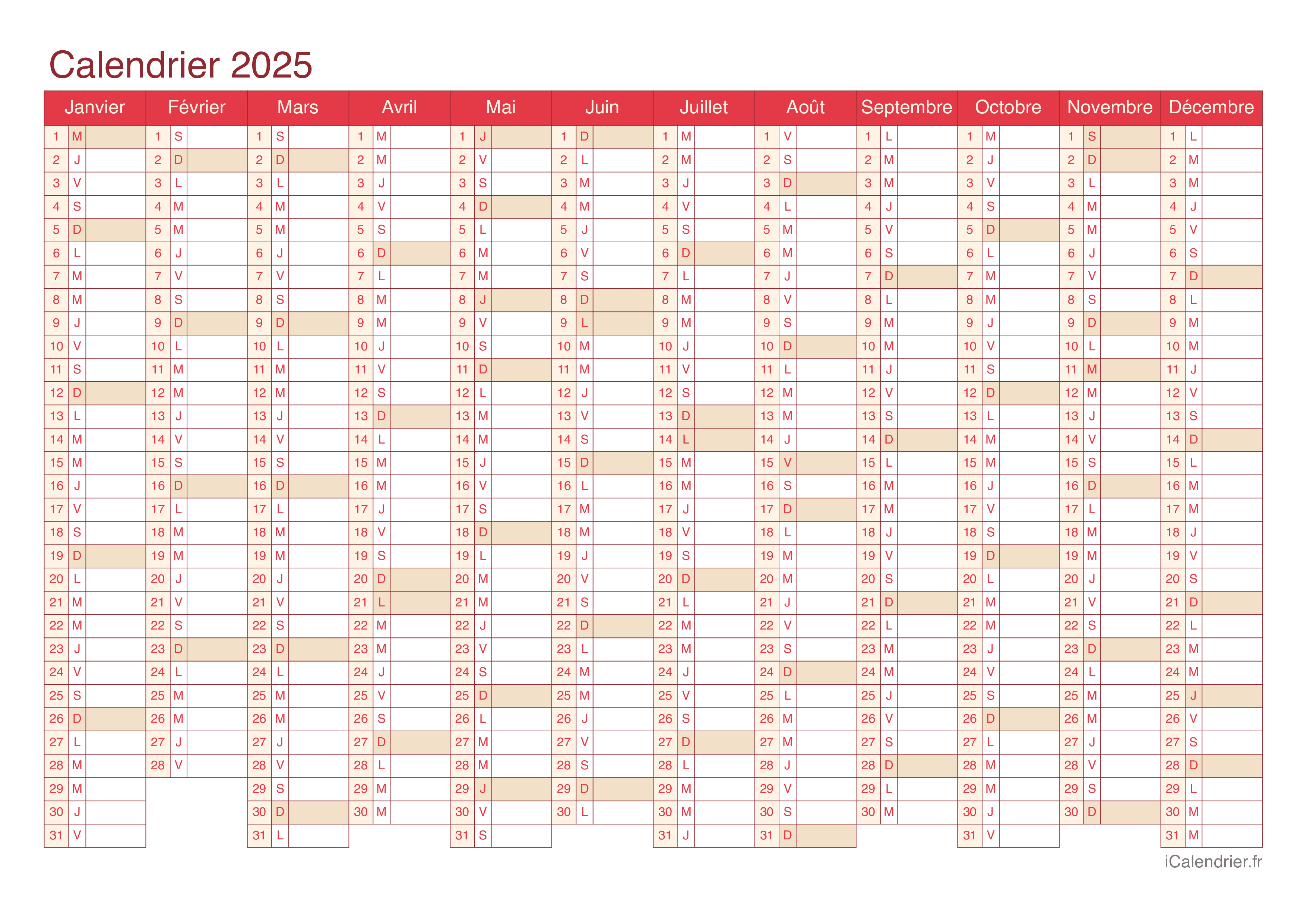 Calendrier 2025 gratuit 