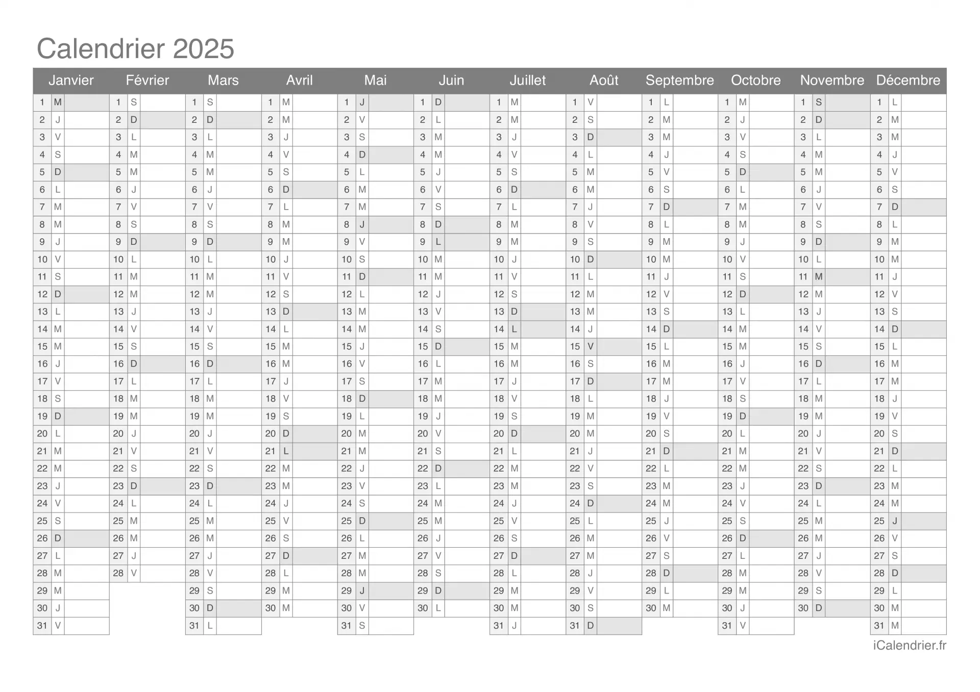 Calendrier 2025 gratuit 