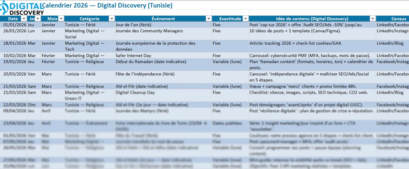Calendrier marketing 2026 tunisie